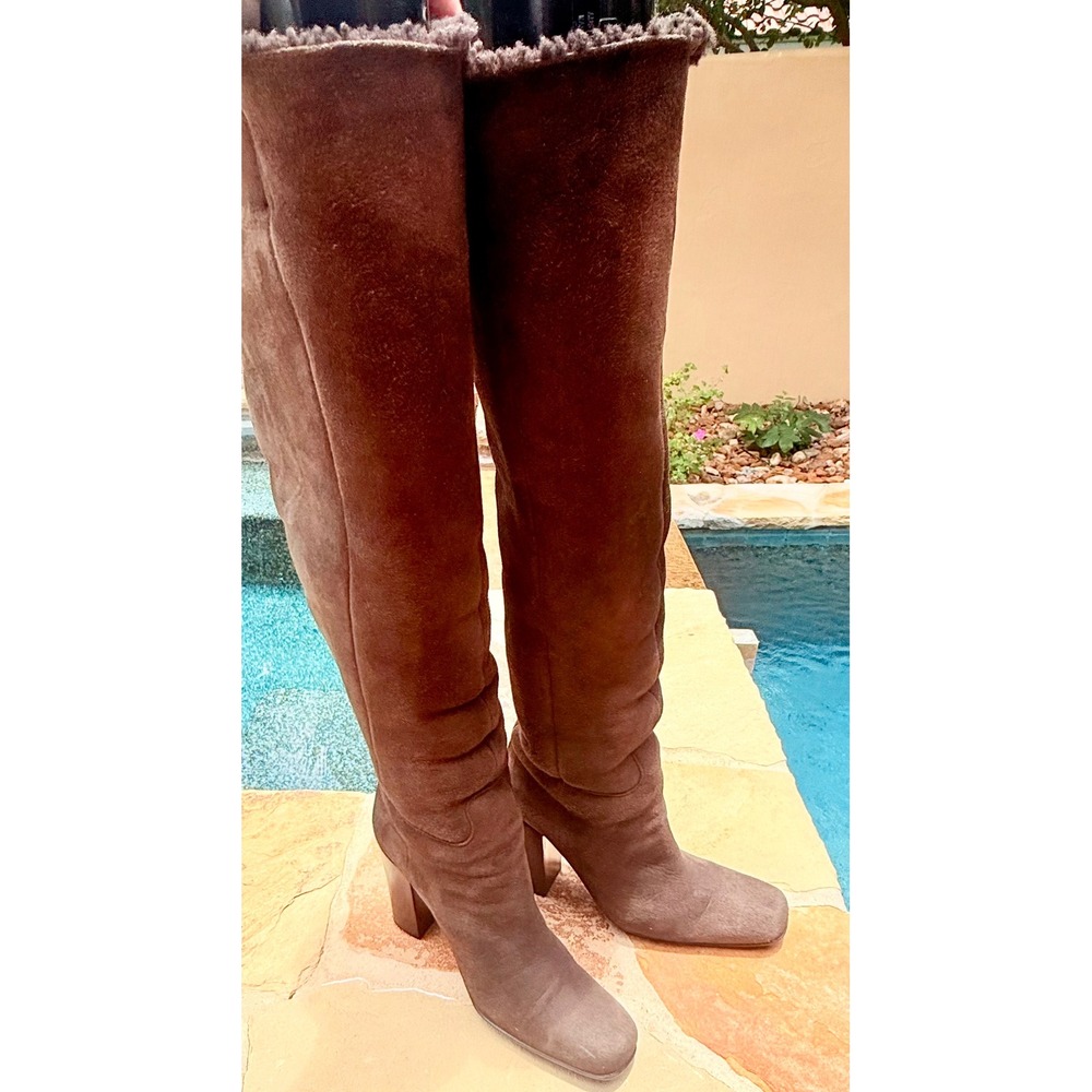Prada Brown Suede Shearling Knee High Boots Women 38‎ Italy Vibram Sole